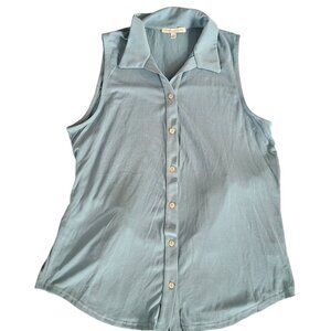 Green Envelope Sleeveless Blue Button-Up Top With Back Tie Super Soft Modal Top